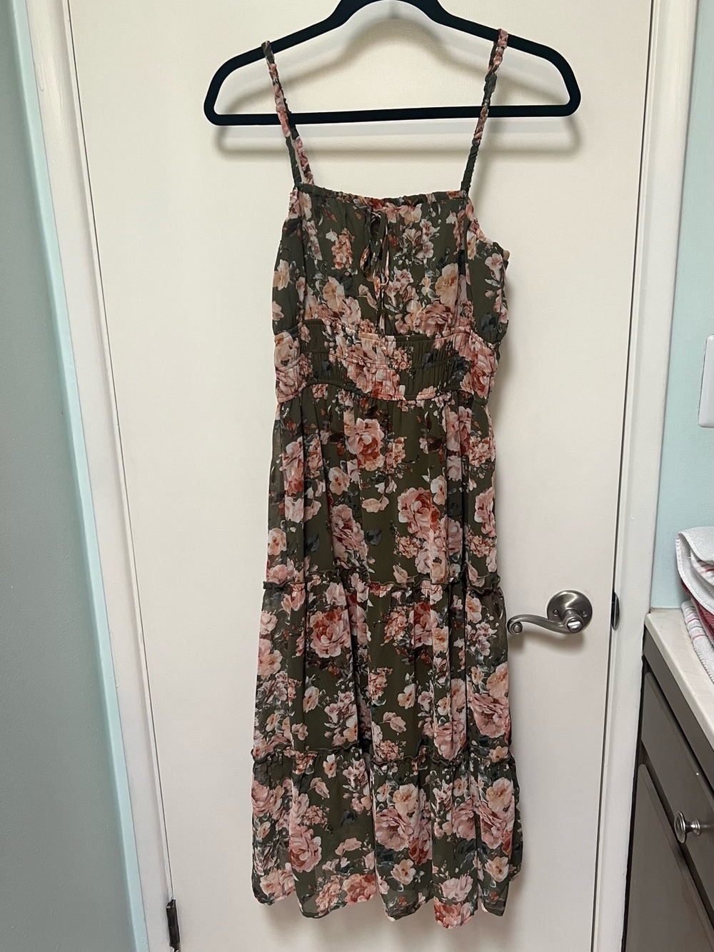 Francesca's Olive and Blush Floral Smocked Maxi Dress